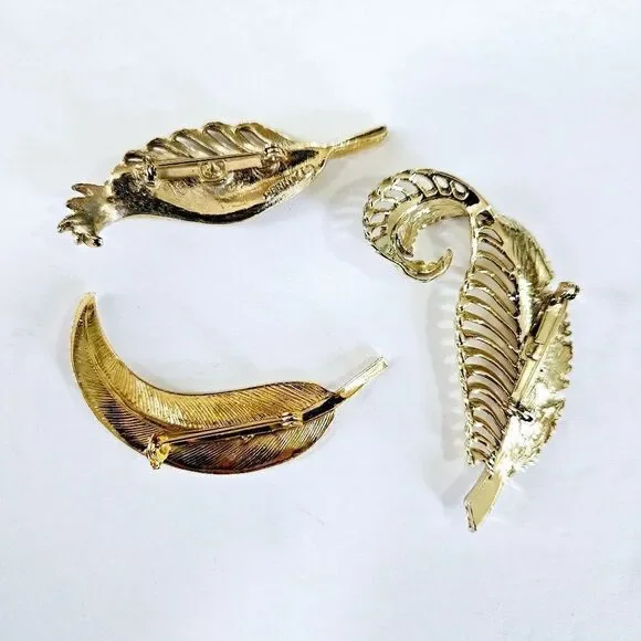 Vintage Set of 3 Gold Tone Rhinestone Signed Gerry's Leaf Themed Brooches Pins - Picture 6 of 12